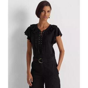 Lauren Ralph Lauren Womens Ruffle-Trim Lace-Up Je Black Size M 12579